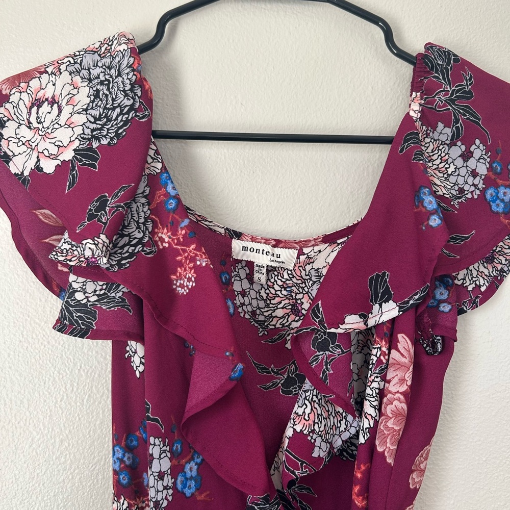 Monteau Wine Floral Ruffle Wrap Midi Dress - Picture 7 of 9